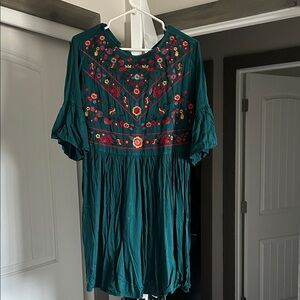 Embroidered Teal Mini Dress